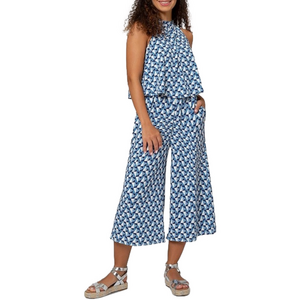 LEOTA womens size small blue white geometric cropped wide leg halter jumpsuit